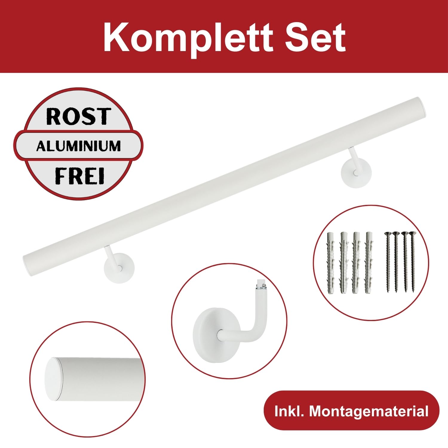 TIBU Handlauf Aluminium Weiß Geländer 30-600cm Wandhandlauf Treppe gewinkelte Edelstahlhalter, Länge 240 cm mit 3 Halter und gerade Kappe