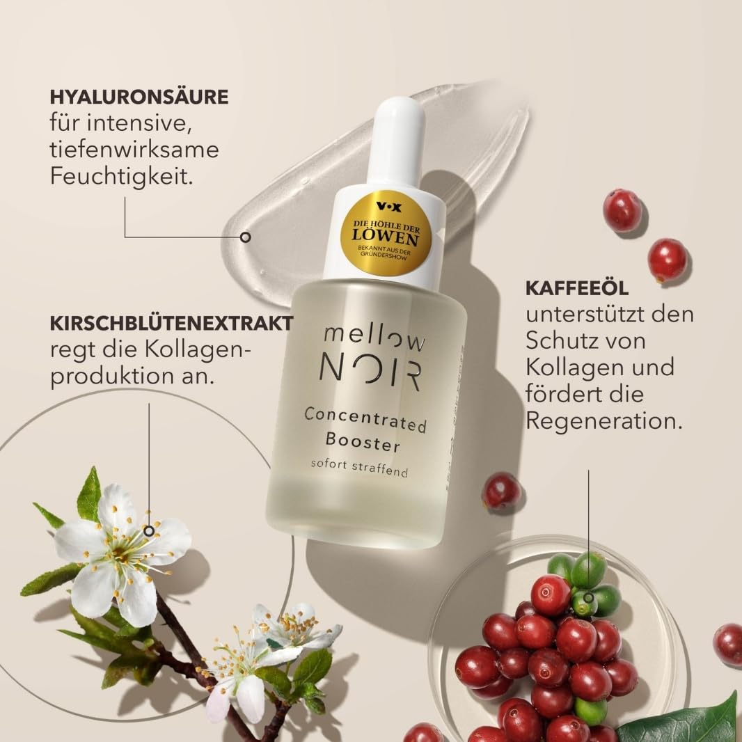 mellow NOIR Concentrated Booster & XTREME Eye Caffeine Booster Bundle | Gesichtsserum 30ml + Augenserum 15ml | Sofort straffend & aufpolsternd | Gegen Falten, Augenringe & Schwellungen