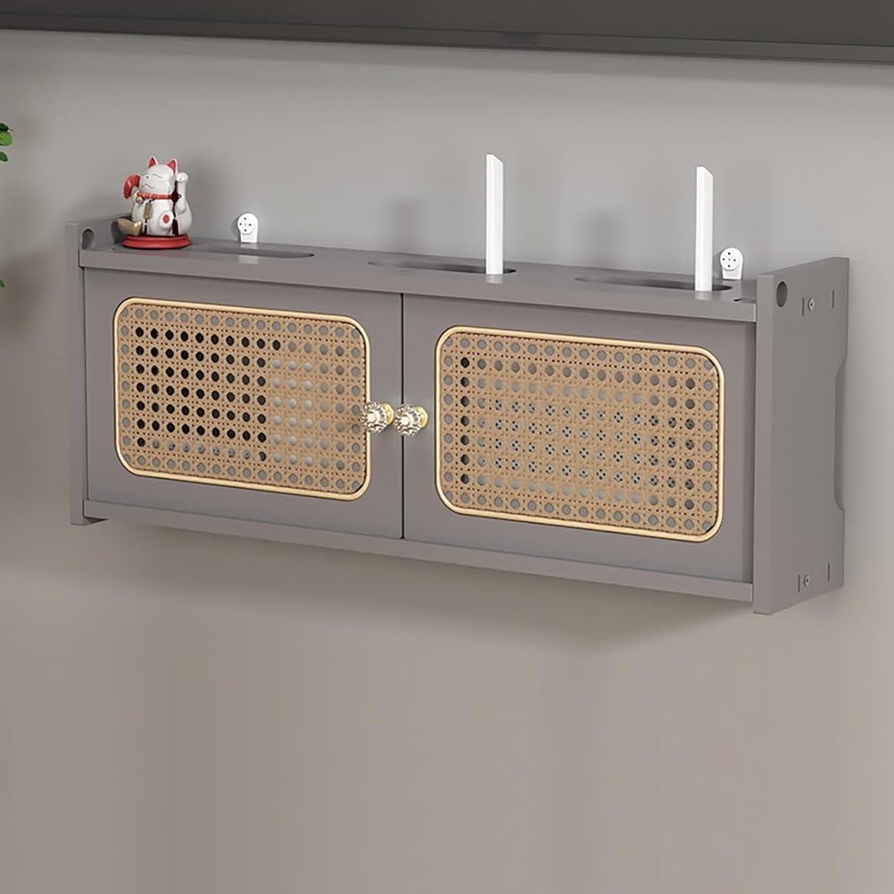 Boîte de rangement murale pour routeur WiFi – Étagère en rotin pour la maison et le bureau – Cache-routeur gris 60 cm – Étagère murale élégante sans fil