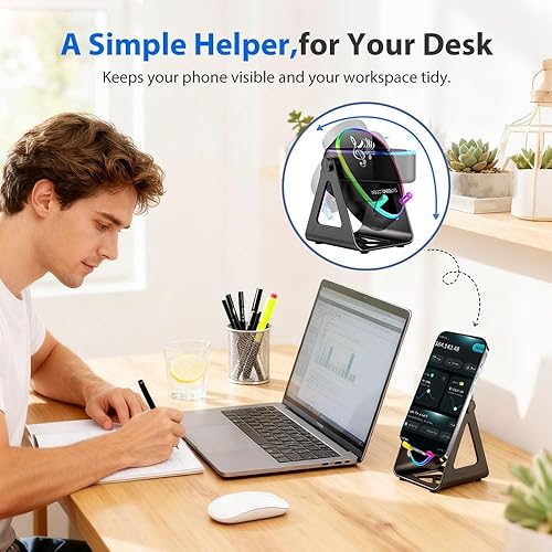 Miniatura 6 de Altavoz Bluetooth de inducción inalámbrico 5 en 1 con soporte ajustable para teléfono, nuevo altavoz de inducción recargable 2026 con luz colorida