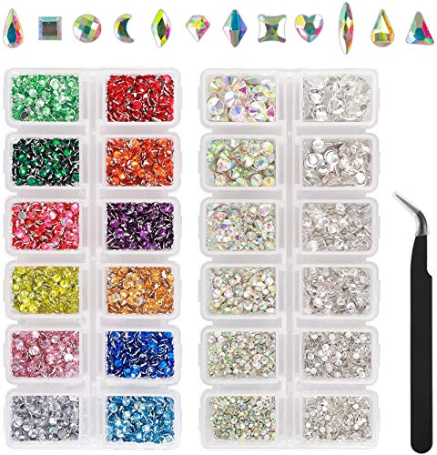 Outuxed 5000pcs AB Crystal Flatback Rhinestones Mixed Size and Shapes 3D Decorations Rhinestones Glass Charms Gems Stones with 1 Tweezers for Crafts
