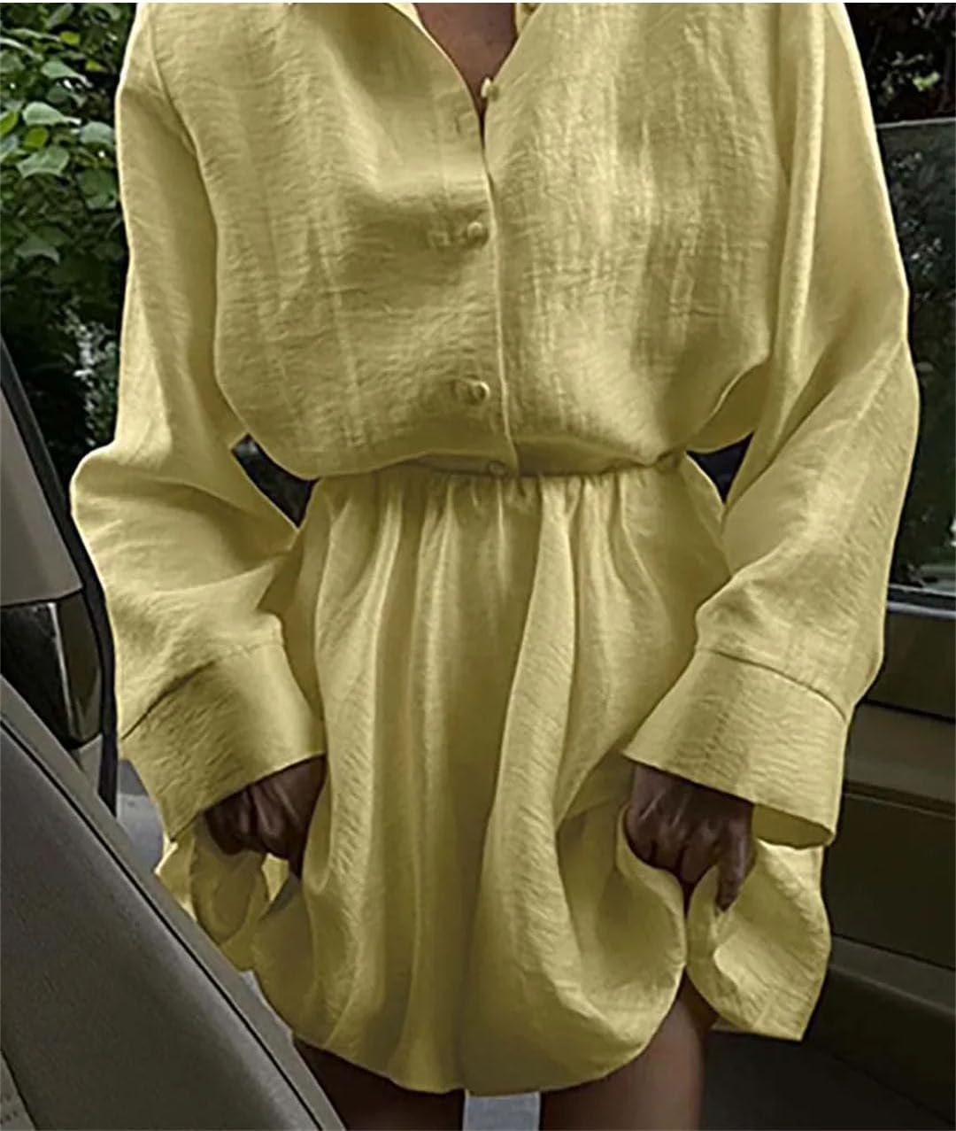 Women Yellow Cotton 2 Piece Sets Long Sleeve Single Breasted Shirts and High Waist Mini Skirts Set