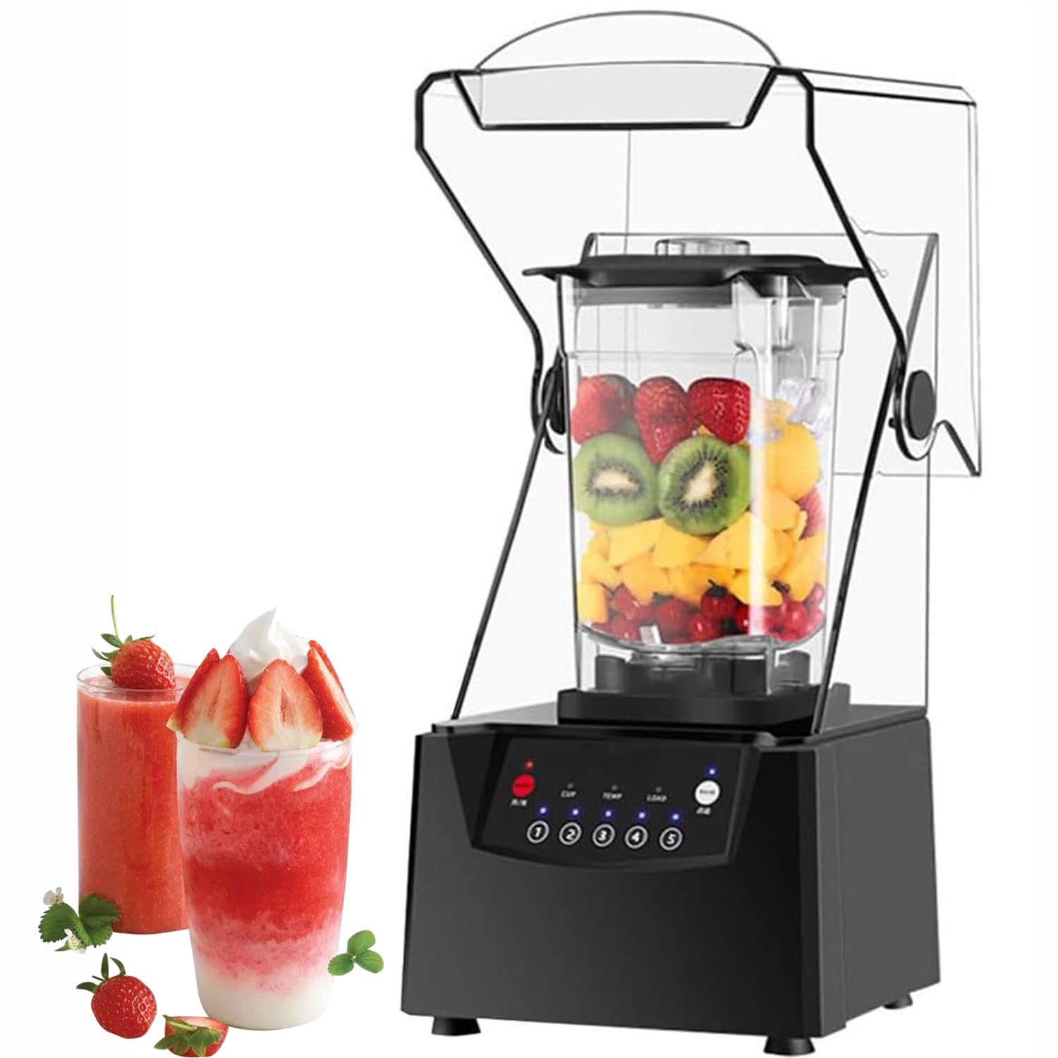 Smoothie Blender, Blender Commercial per frullati 2L Smoothie Macchina Frutta Succo di Frutta Fumotie con recinto sonoro, 22000 Giri/min, 5 preset, per i ristoranti di casa Hotel