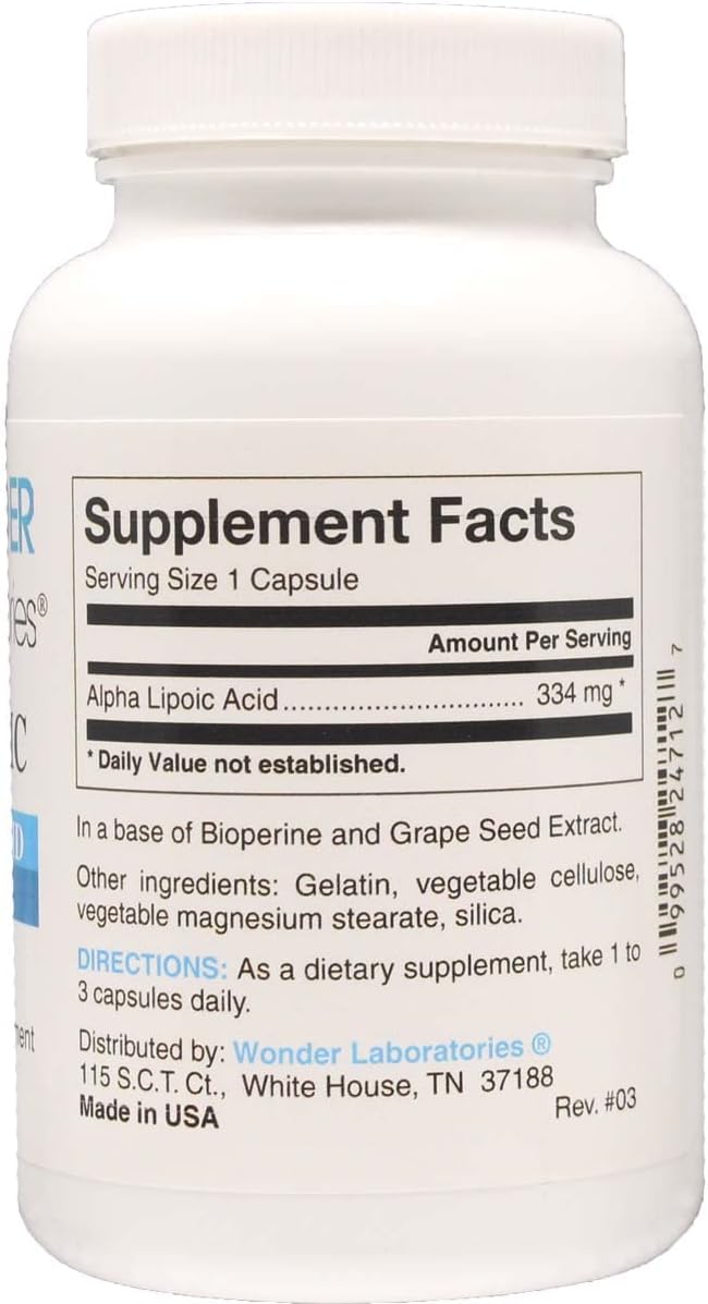 Wonder Labs Alpha Lipoic Acid w/bioperine Grape Seed Extract, Supports Metabolic Functions and Antioxidant Functions, 120 Capsules