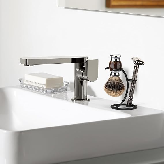 Linkidea Razor and Shaving Brush Stand, Stainless Steel Holder for Shower & Bathroom, Compatible with Merkur 34C, Henson AL13, Gillette Labs, Safety Razors (Chrome/Black)