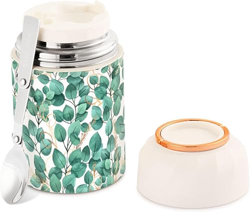 Green Leaves Food Jar with Spoon Stainless Steel Vacuum Insulated Food Container 17 oz Thermos for Lunch
