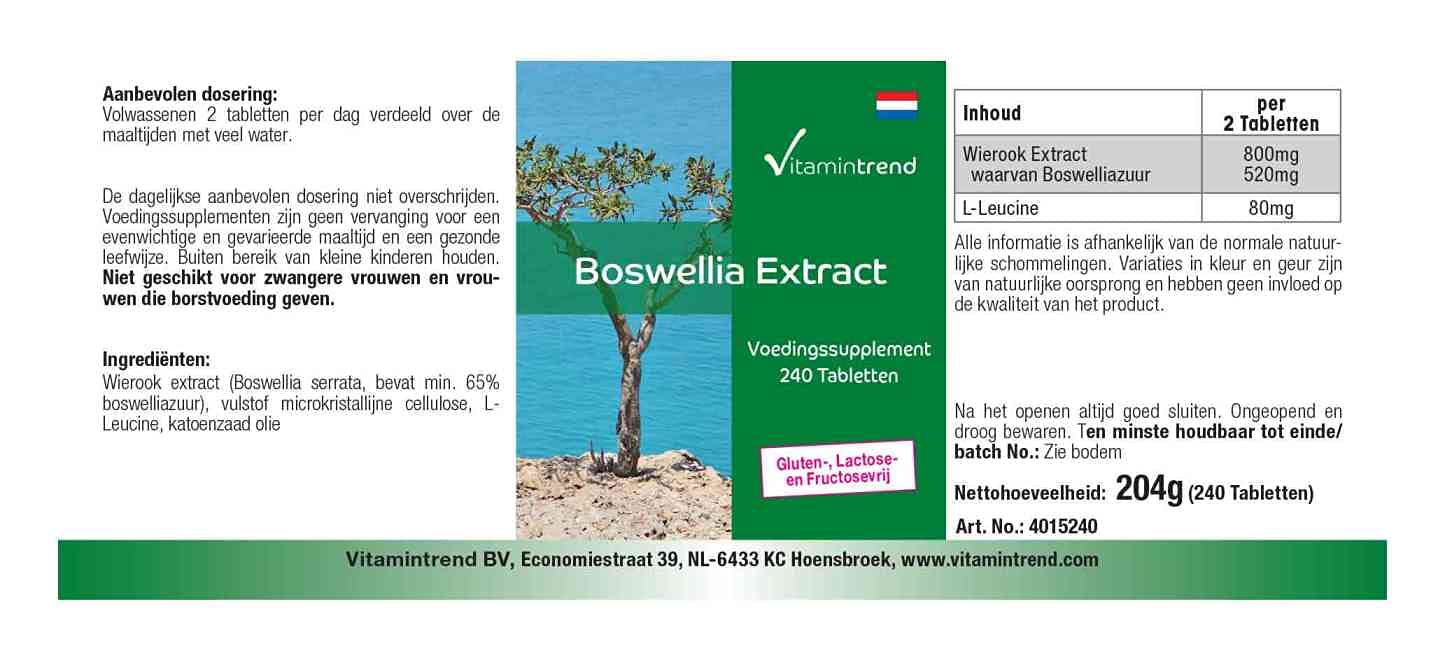 Vitamintrend Extrait de Boswellia, 240 comprimés, standardisé en acides boswelliques, complément alimentaire végan sans stéarate de magnésium, fabriqué en Allemagne