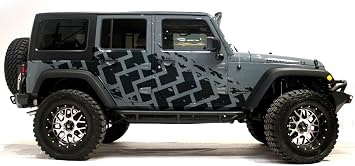 Tire Tracks Side Graphics Kit Vinyl Decal Wrap Compatible with Jeep Wrangler 4 Door 2007-2016 - Matte Black