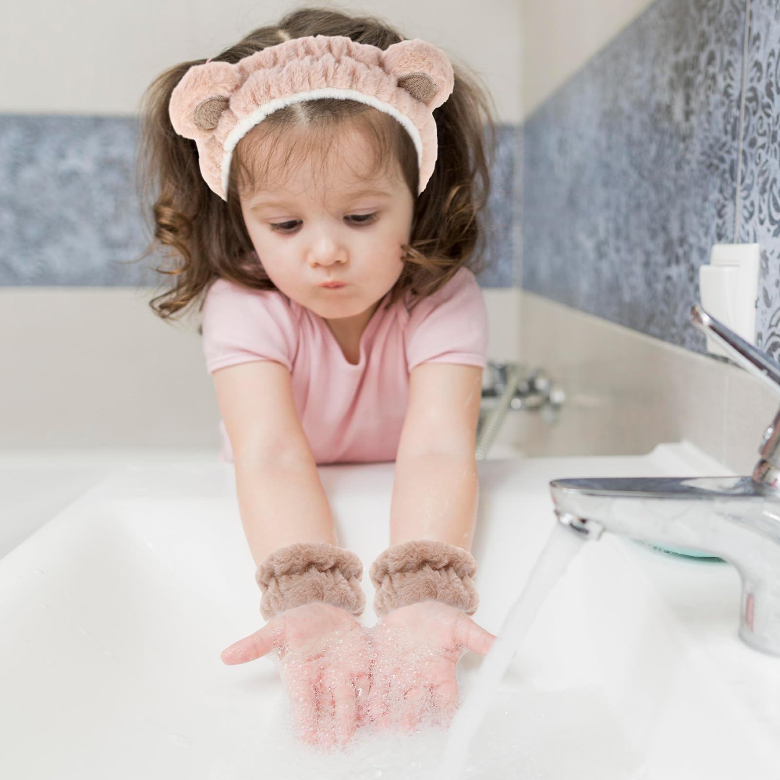 Fascia Per Capelli Con Orecchie Da Orso E Braccialetto Assorbente | Set Cura Della Pelle Per Lavaggio Viso, Trucco E Yoga