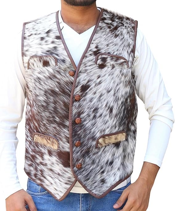 Image of Men's Real Cowhide Leather Hair-on Vest ► Old Western Cowboy Leather Vest For Mens : Natural Cow Hair vest