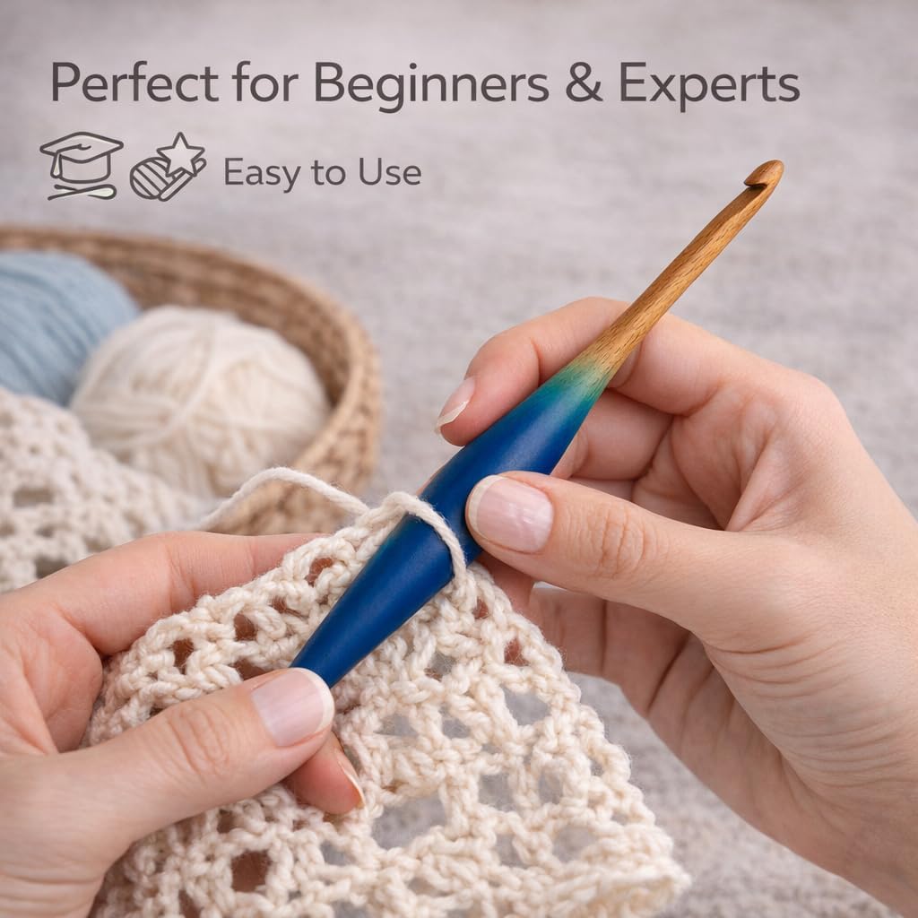 Ommi Ergonomic Handle Crochet Hooks | Handcrafted 7’’ Steambeech Wood Crochet Hook | Knitting Needle, Craft Yarn Weave | Best Gift! (Azure Steambeech) (5.5 mm)