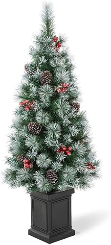 Miniatura 6 de Glitzhome 1 árbol de Navidad artificial de pino preiluminado, árbol de Navidad de 4 pies con 80 luces blancas cálidas, piñas y bayas rojas para el