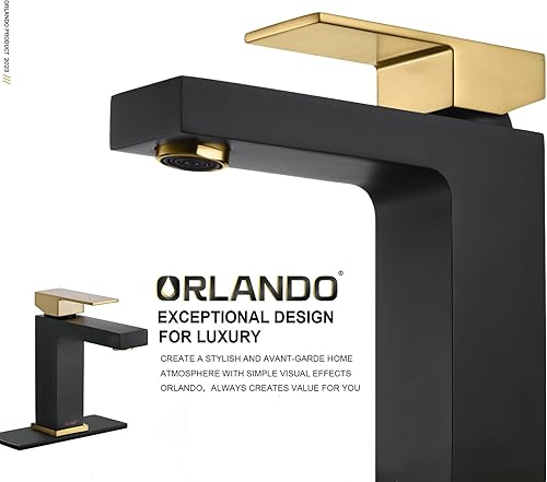 Miniatura 5 de ORLANDO Grifo de baño negro y dorado de un solo agujero, grifo de lavabo de baño de una sola manija para fregadero de baño, grifo de baño de latón