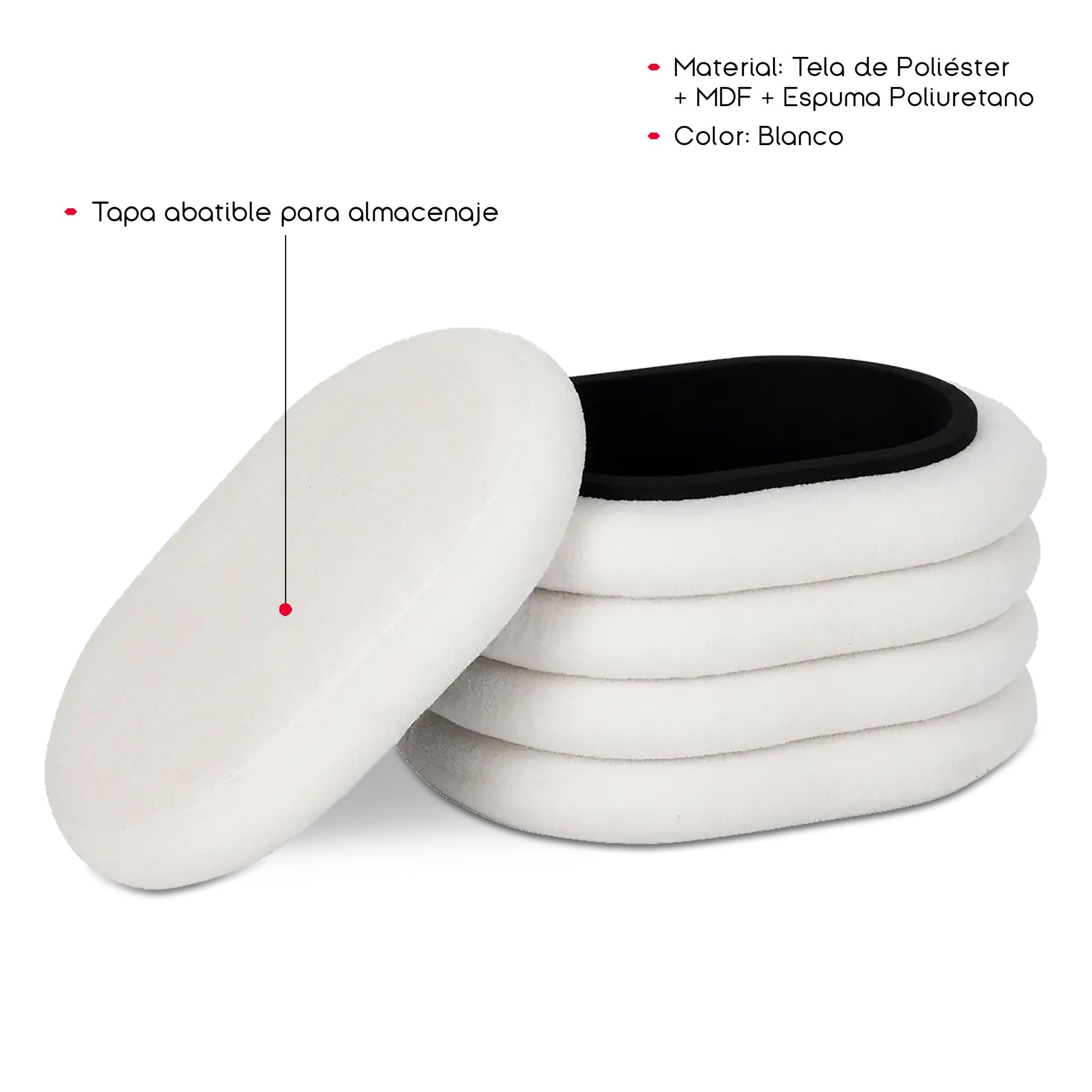 TIENDA EURASIA – Puff Banco Borrego | Material Estructura Pino, Panel de Contrachapado y Material del Acolchado Espuma de Poliuretano (PU) Tapa Abatible para Almacenaje | Medidas 59x45x40 cm | Blanco