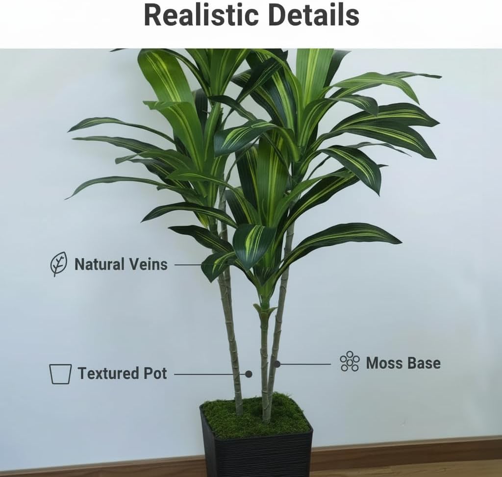 Artificial Dracaena Tree 5FT, Fake Tree with Black Tall Planter - Faux Yucca Tall Fake Floor Plant in Pot - Artificial Plant for Home Office Living Room Decor Indoor