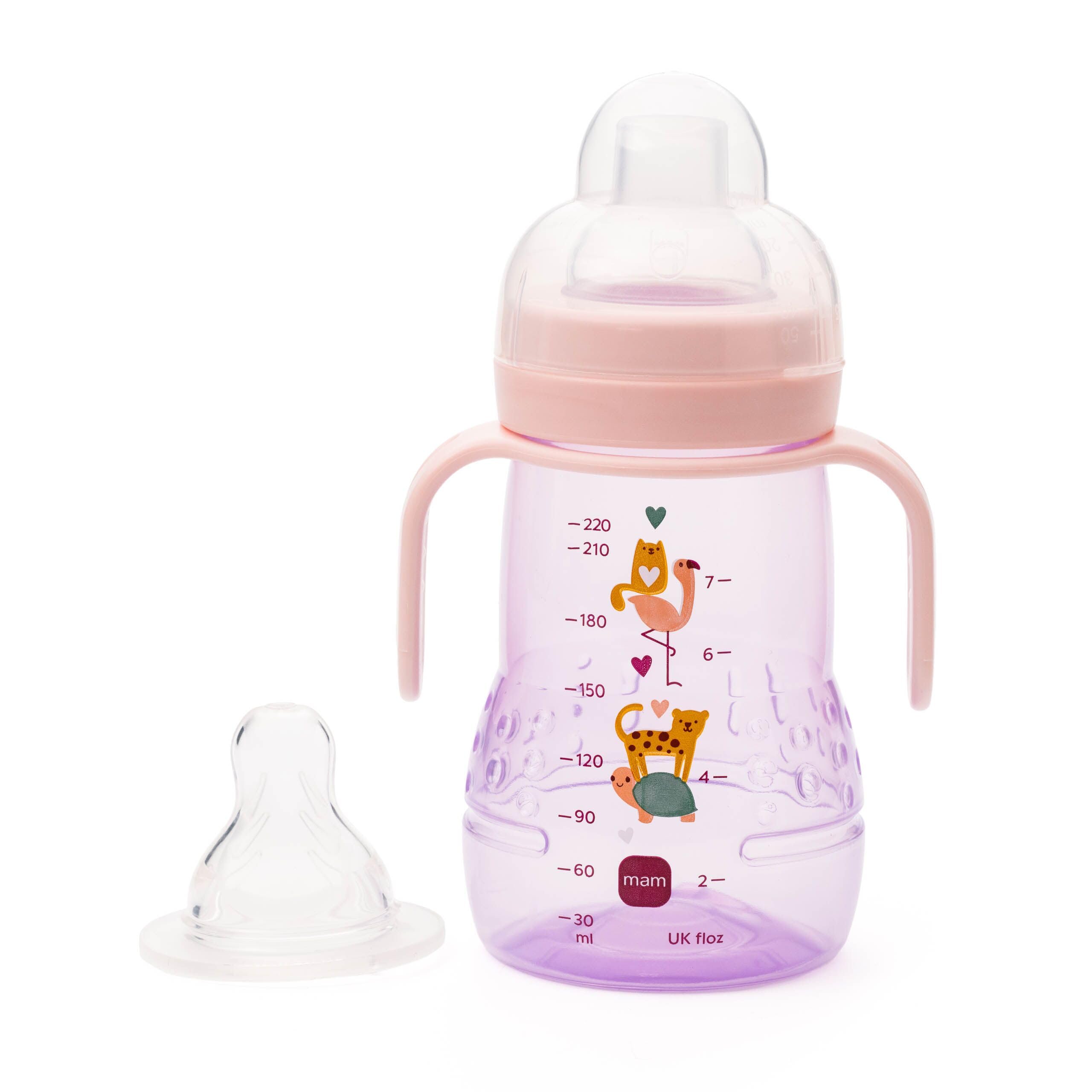 Trainer+ Baby Cup | 1 Pack (1 x 220ml) | Suitable from 4+ Months for Independent Drinking | Comes with Free Fast Flow MAM Teat Size 3 | Spill-Free | Pink (Various Designs)