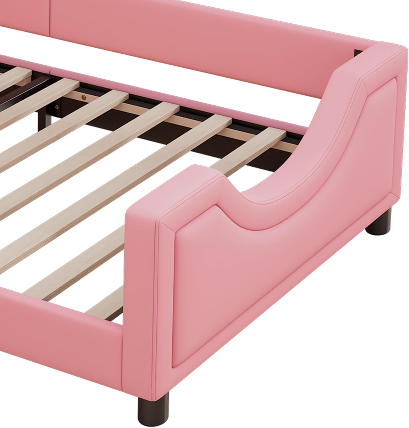 Twin Size PU Leather Upholstered Platform Bed, Low Profile Bed Frame with Button Tufted Crown Headboard, No Box Spring Needed, Pink