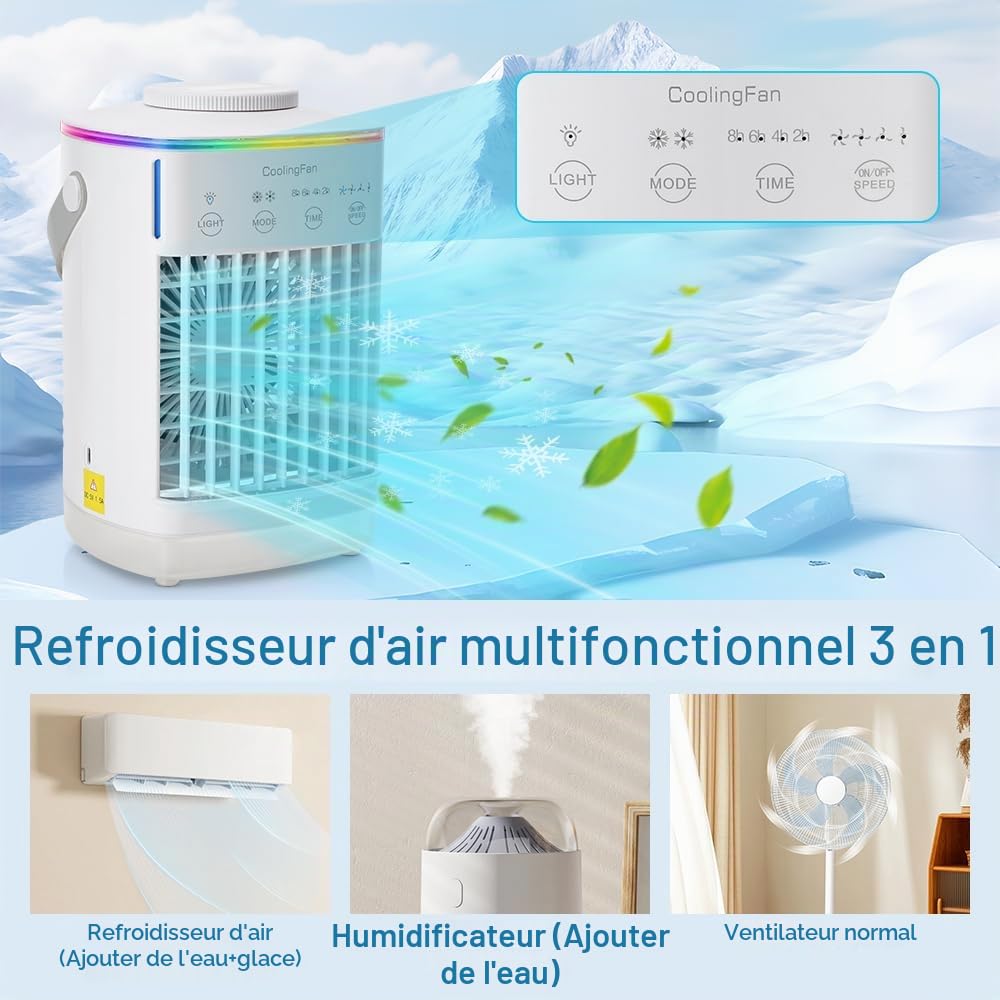 Mini Climatiseur Mobile Silencieux, 2 en 1 Mini Rafraichisseur d'air avec 4 Vitesses & 2 Brumes, 2-8H Timer, 7 LED,Petit Clim Mobile pour Chambre et Bureau(7W)
