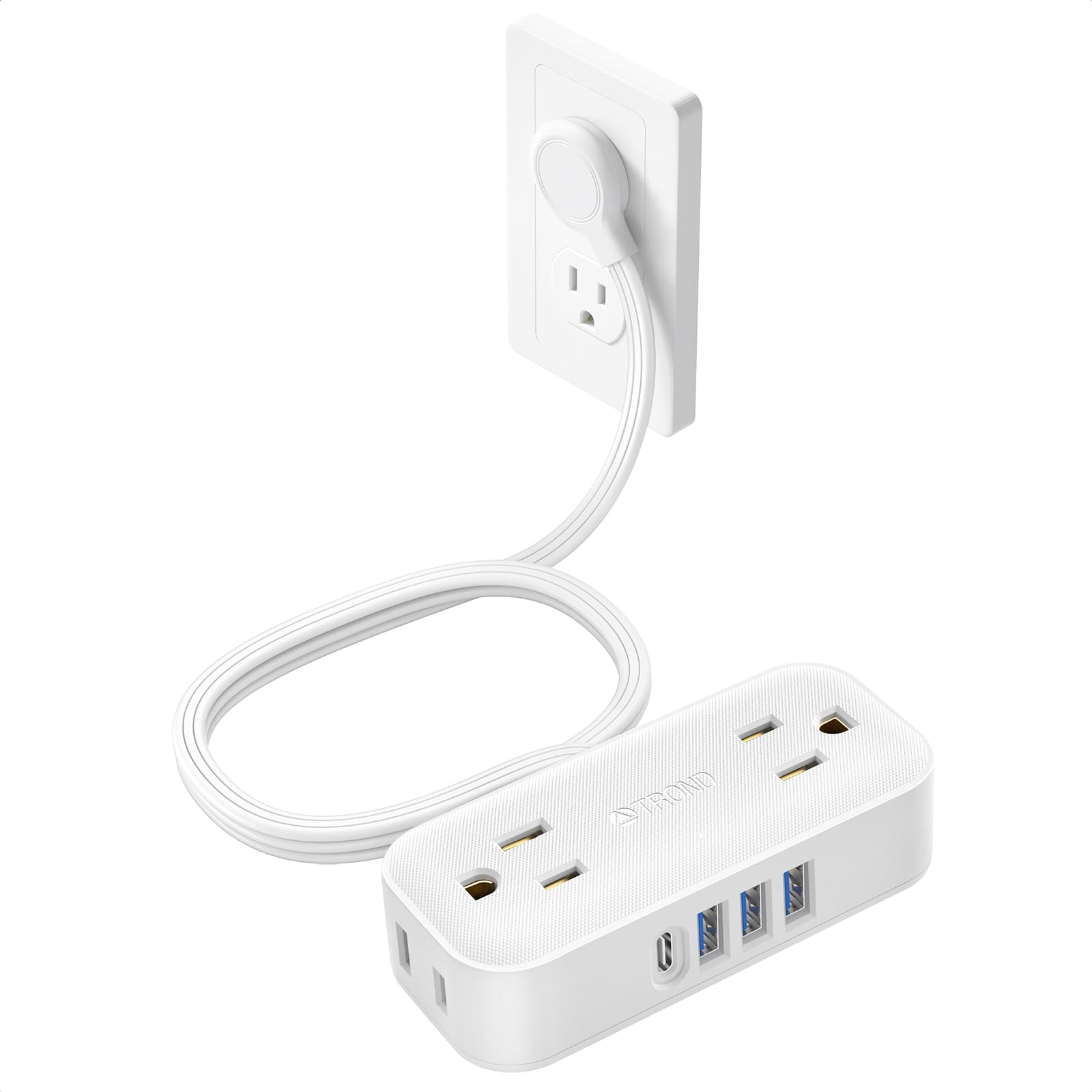 TROND Flat Plug Power Bar with USB C, 5ft Slim Extension Cord Indoor, 4 Widely Spaced Outlets, Small Multi Ports Charging Station, No Surge Protector for Cruise Ship Travel Dorm Room Essentials, White