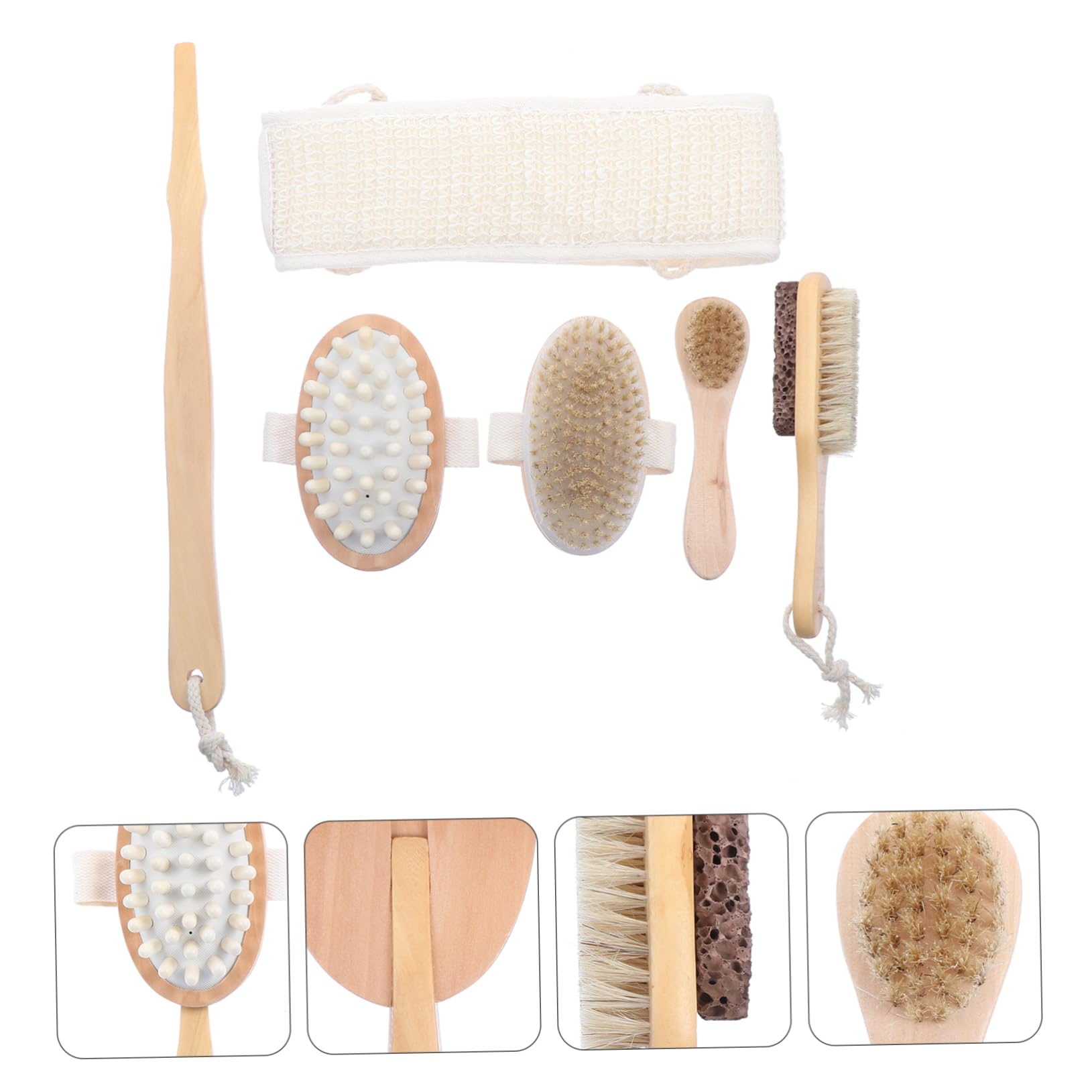 6 Stück Bade und Massage Peeling mit Holzgriff und Nylonborsten für Rücken und Körper Inkl Bimsstein für Spa und Dusche