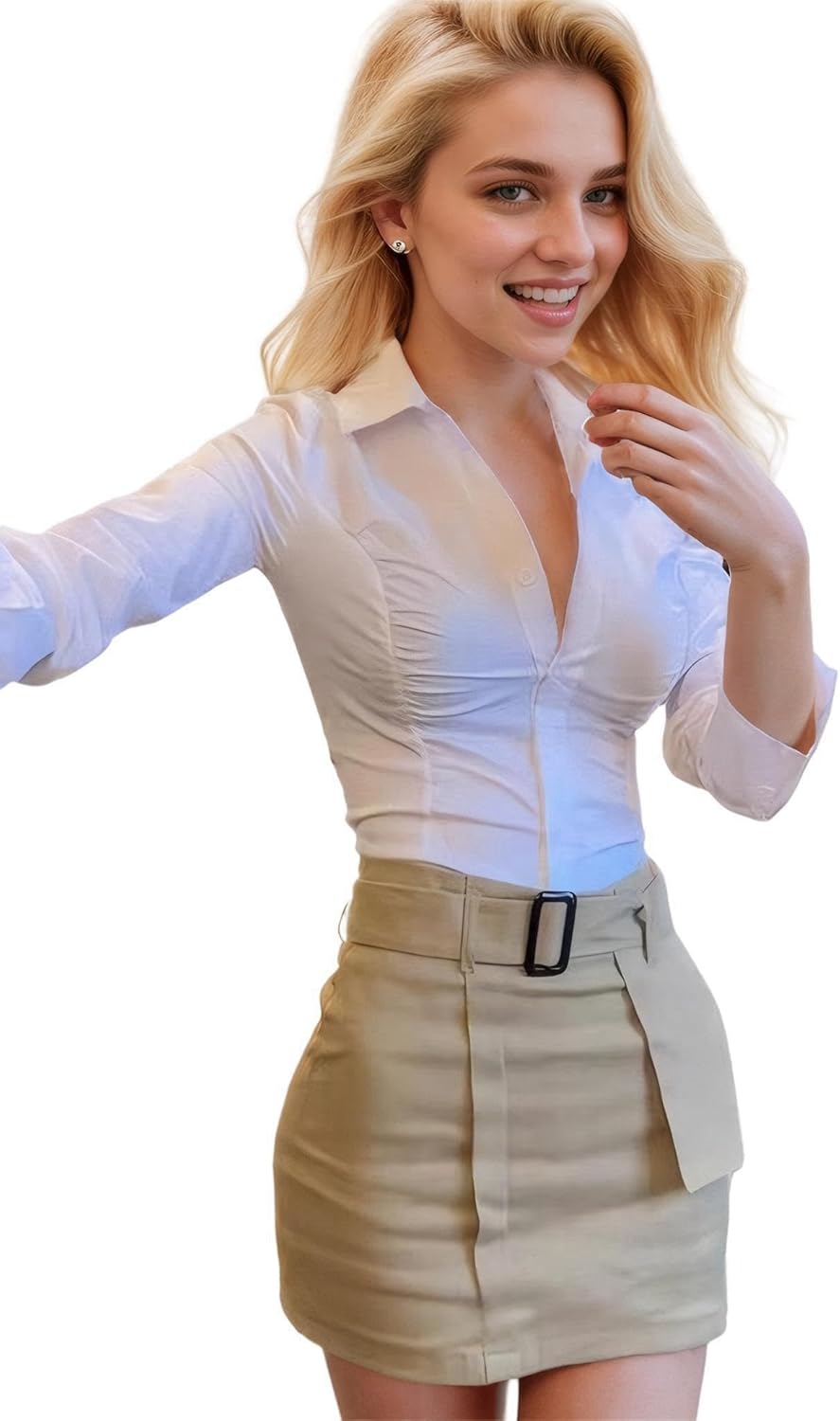 Slim Fitting Sexy Long Sleeved Shirt with Row Collar and Button Pleated Waist for Women's Shirt - Image 5