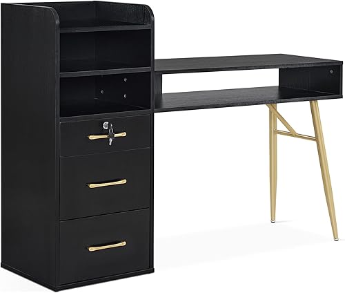 BarberPub Mesa de manicura con 3 cajones y 4 estantes, escritorio de uñas con asas y patas doradas, mesa de uñas para tecnología de uñas, equipo de