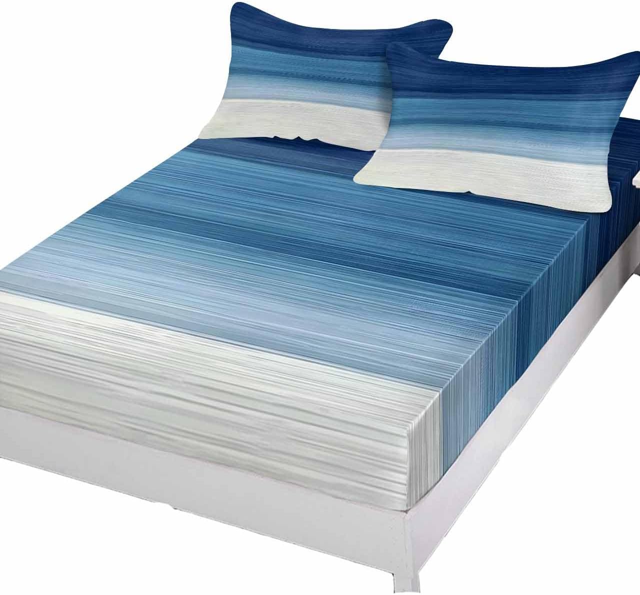 Abstract Navy Blue Ombre Stripe Art Fitted Bed Sheets Queen Size Fit 5-16inch Deep Pockets,Luxury Bottom Sheet Bedding Set with Pillow Case,Modern Color Line Texture Fitted Sheet for Mattress