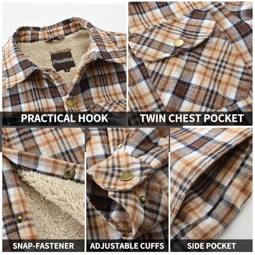 Image of Men's Sherpa Cotton Flannel Shirt Jacket Plaid Button Coat Pocket
