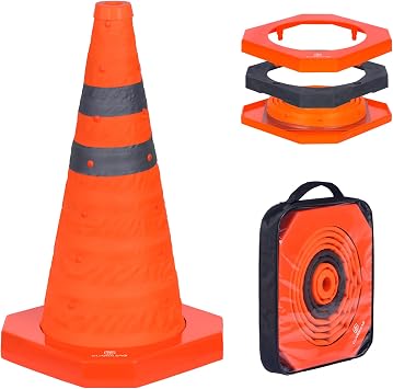 1-Pack Traffic Cone 45 cm 18", Windproof Collapsible Road Cone, Heavy Duty Base 900 g, Pop Up Reflective Hazard Cone for Car Breakdown & Parking 1, 18''