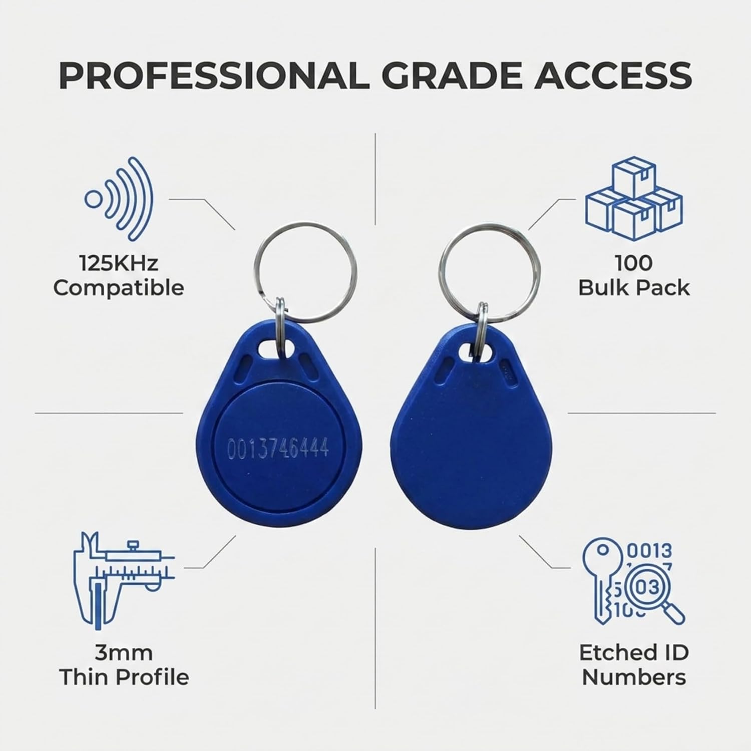 RFID Key Fobs, 125KHz TK4100/EM4100 Proximity Tags, 100-Pack, Blue