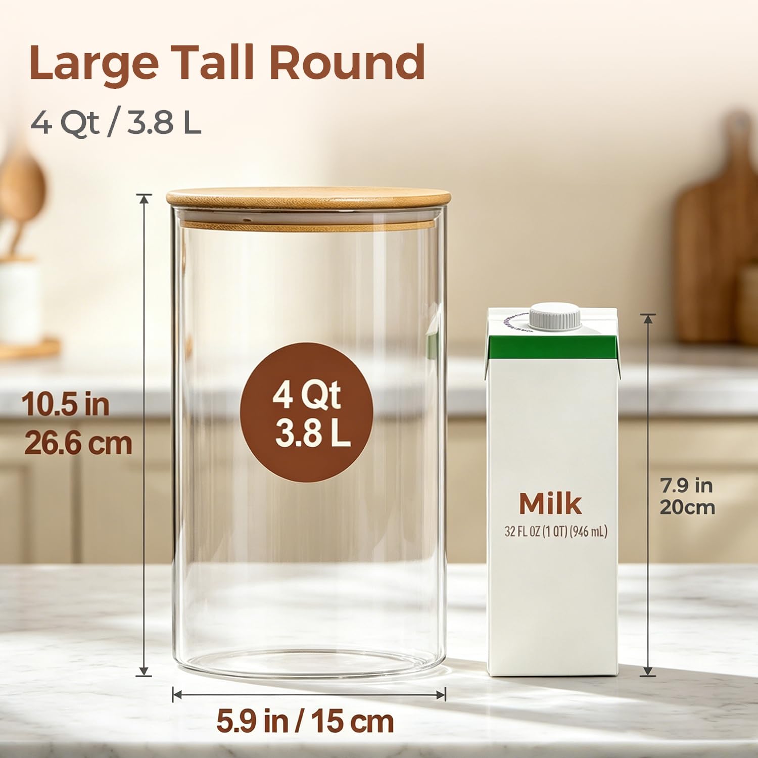 ComSaf Tarros de cristal con tapa 3,8 L, pack de 2 para cocina y despensa | Frascos de vidrio, Botes cocina almacenaje, Tapas de bambú, Arroz, Harina, Legumbres, Vidrio borosilicato