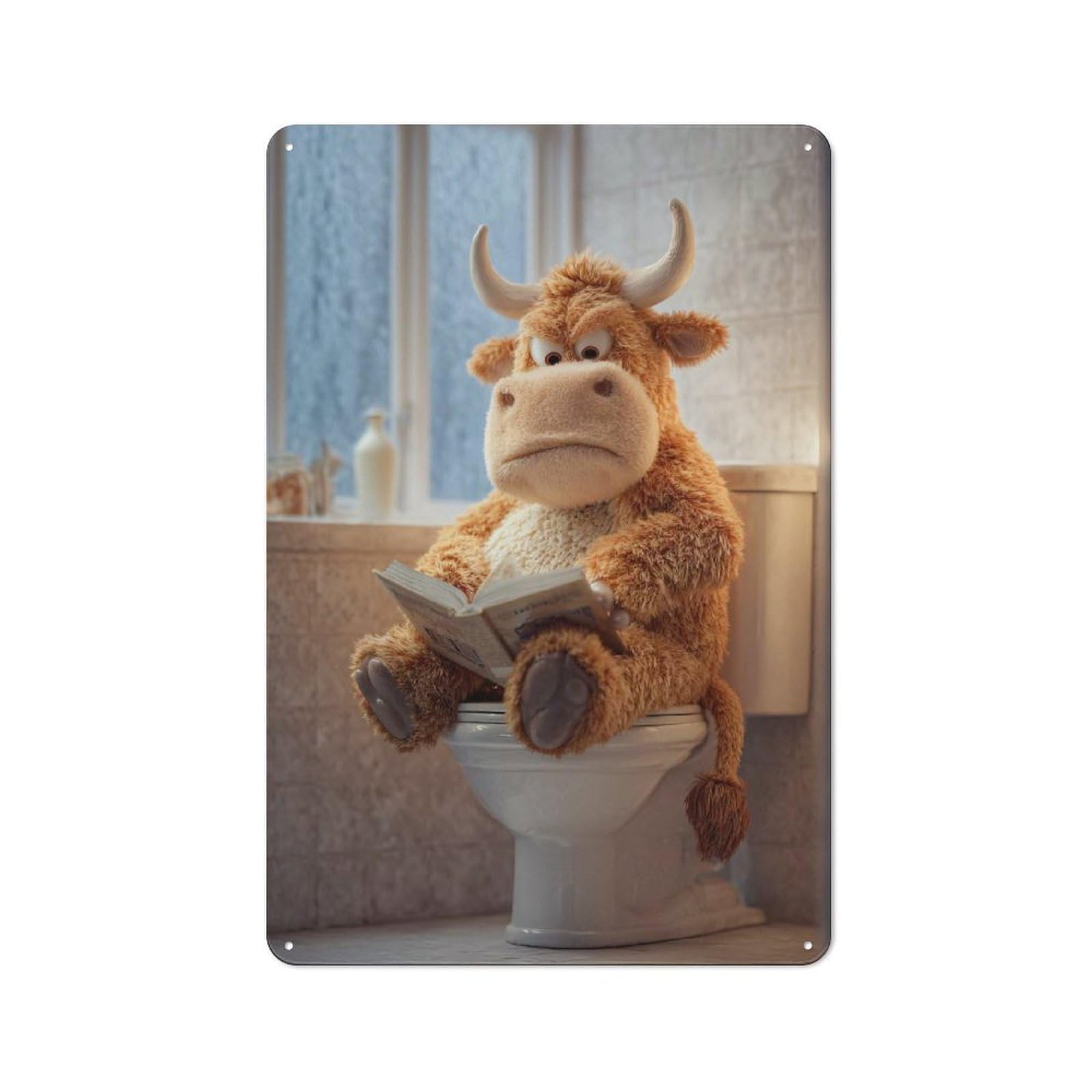 Junmoney Style-6 30X20cm Retro Tin Sign With Stuffed Bull Reading On Toilet For Living Room Wall, Housewarming Present For People Styling Living Room
