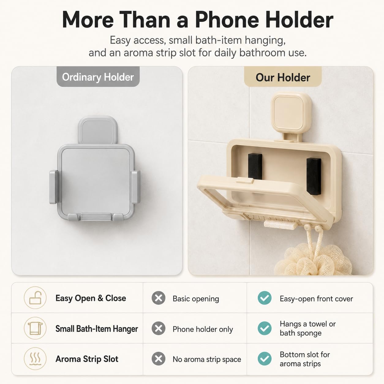 Shower Phone Holder Waterproof 360° Adjustable Rotating, Anti-Fog Touch Screen Wall Mount Phone Stand for Bathroom Mirror Bathtub Kitchen, Fits iPhone 17 16 15 Pro Max for 4-7" Cellphones Beige
