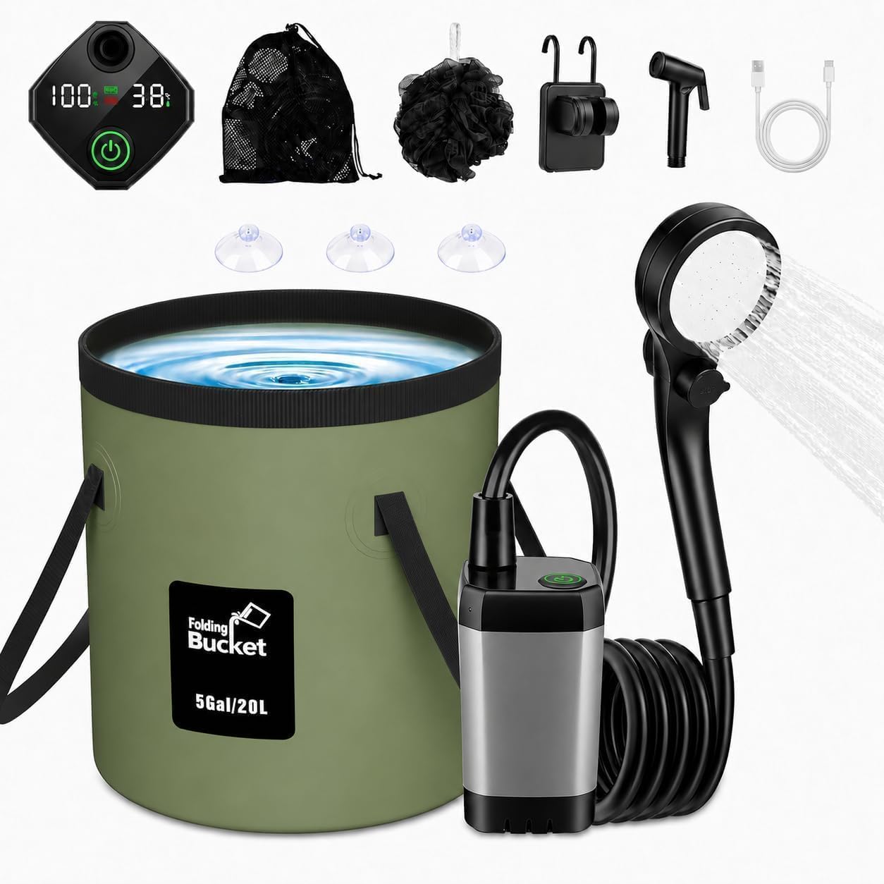 Romicta Tragbare Campingdusche mit wiederaufladbarem 6000mAh Akku & LED-Anzeige – Faltbarer Eimer 4 Sprühmodi IPX7 wasserdichte Pumpe ideal für Wandern Reisen Autofahren Haustiere Outdoor-Aktivitäten