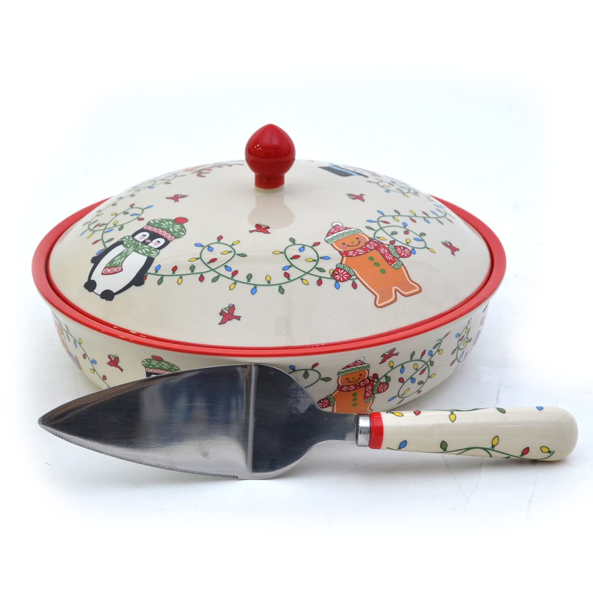 temp-tations® Winter Whimsy 9" Pie Plate with Ceramic Lid-it & Knife Server - Oven Microwave Freezer Refridgerator Safe Ceramic hand painted bakeware for baking serving kitchen cooking gift