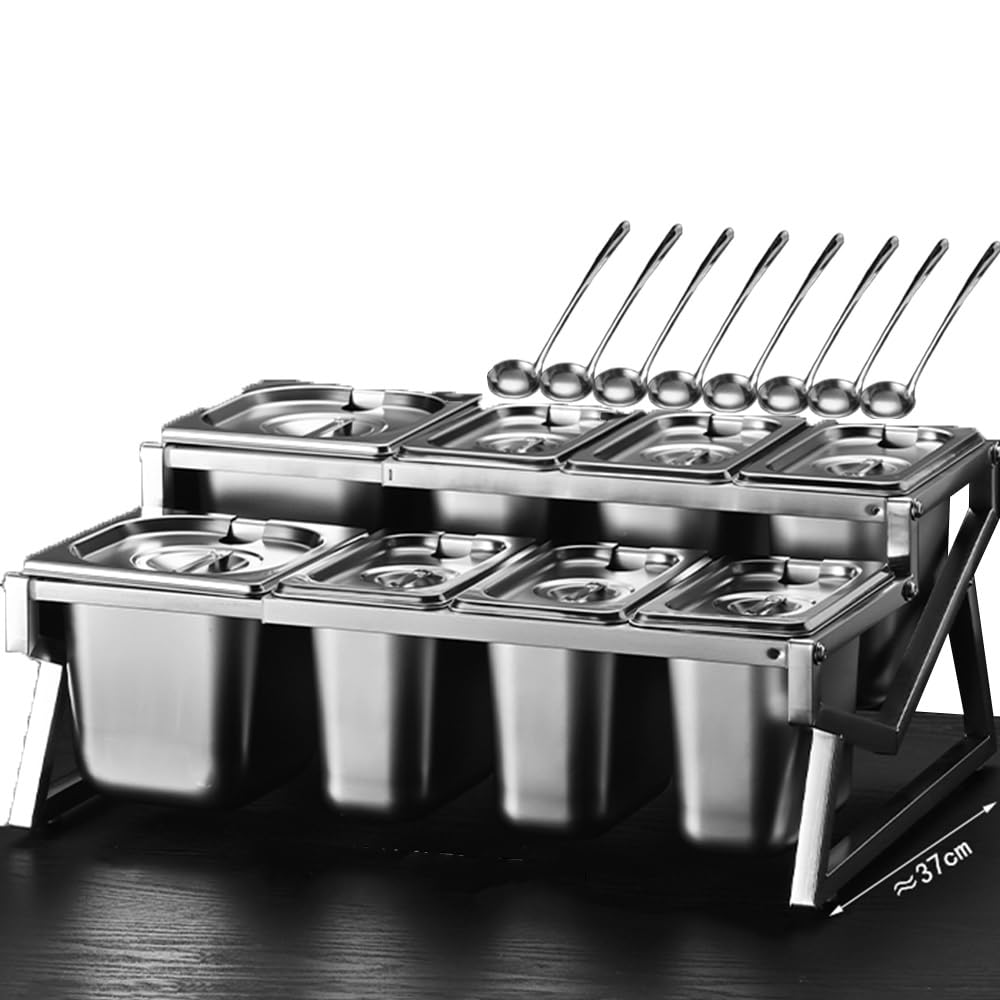 Soporte de cocina de acero inoxidable de 10 sartenes Set organizador de especias con tapas cucharas, 2 fila encimera inclinada estante de condimento, buffet contenedores titular para