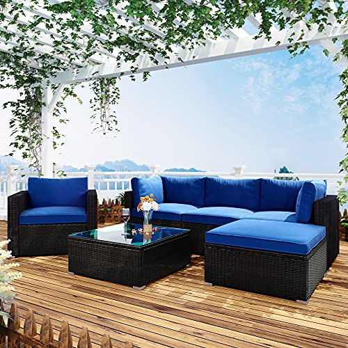 Visentor Rattan Patio Furniture Set, 6 Pieces Outdoor Furniture Sets Patio Couch, Outdoor Chairs With Glass Coffee Table, Blue Cushions And Waterproof Covers #TOP8