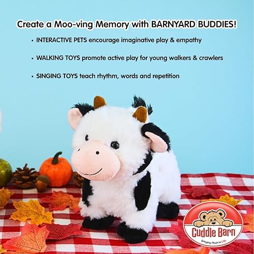 Miniatura 4 de Cuddle Barn - Amigos del Corral Vaca Peluche animado de vaca cantando y peluche Camina y mueve la cola a Old Macdonald, 8 pulgadas