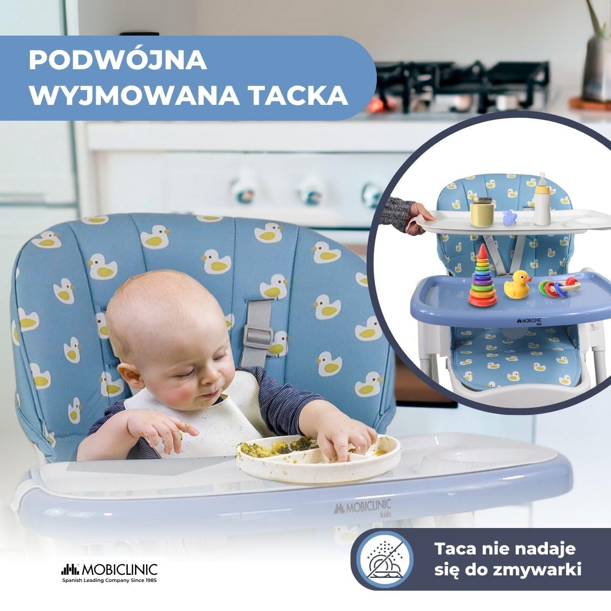 Mobiclinic®, Wysokie krzesełko dla dziecka, Evolutive, Dodatkowe składanie, Możliwość przekształcenia w krzesełko, Simba, 5-punktowe, Kółka z hamulcami, Podwójna wyjmowana tacka