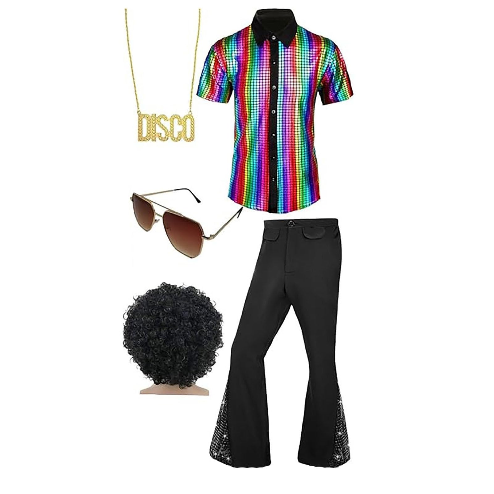 Hippie Costume Men's 70s Outfit Retro Disco Costume Men Halloween Costumes 5 Pieces Shirt Flared Pants Wigs Necklace Sunglasses Men's Costume for Carnival Halloween Costumes Theme Party