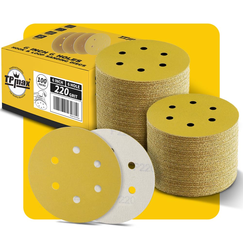 100PCS 150mm 220 Grit 6 inch 6 Hole Sanding Discs Sandpaper, Premium Gold Round Hook and Loop for Random Orbital Sander
