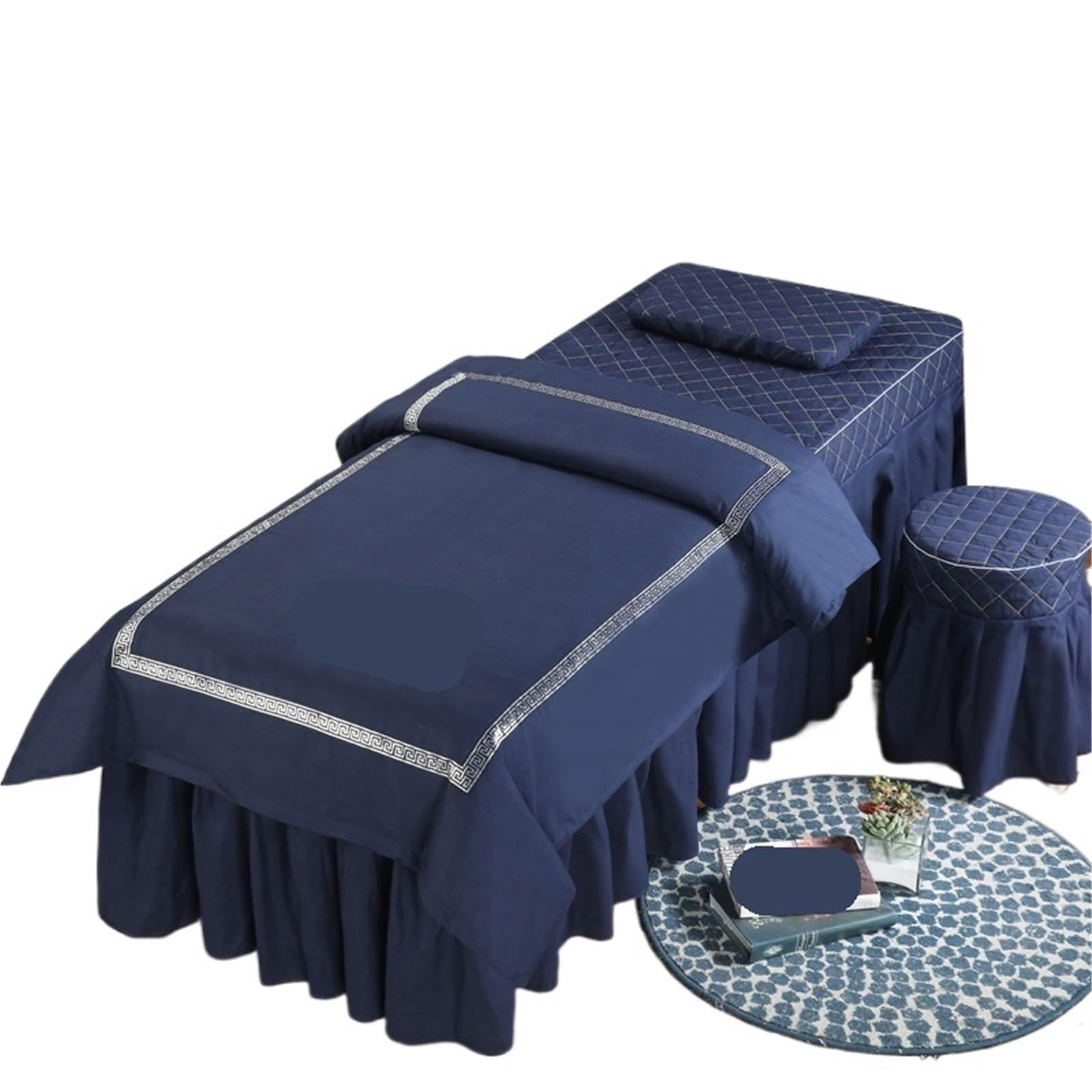 Beauty Salon Bed Cover Sets 4pcs Beauty Salon Bed Cover Massage Spa Bedskirt Pillowcase Stool Beddings Sets(Dark Blue,180x70)