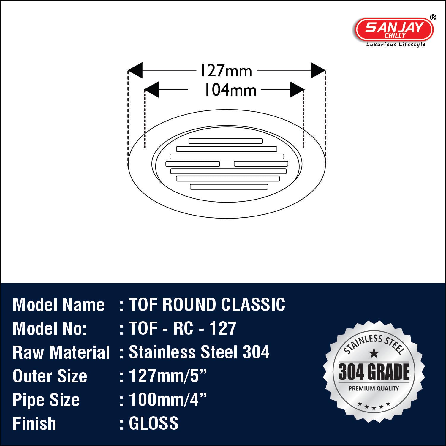 SANJAY CHILLY Classic Round Floor Drain 5 INCH for Bathroom Stainless Steel 304 Grade Waste Water Drainer Washbasin Sink Bathtub Laundry (Round Classic Silver 5 INCH) 2