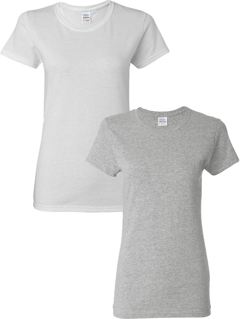 Gildan Lot de 2 t-shirts en coton épais pour femme Style G5000L, Blanc/gris sport, Taille M