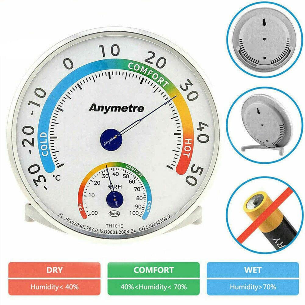 Termometr do pomieszczeń wewnętrznych, higrometr, mini termometr pogodowy w kształcie zegara higrometr, miernik wilgotności temperatury, igła do monitorowania, okrągłe wskaźniki, średnica 12,5 cm, biały -30~50°C