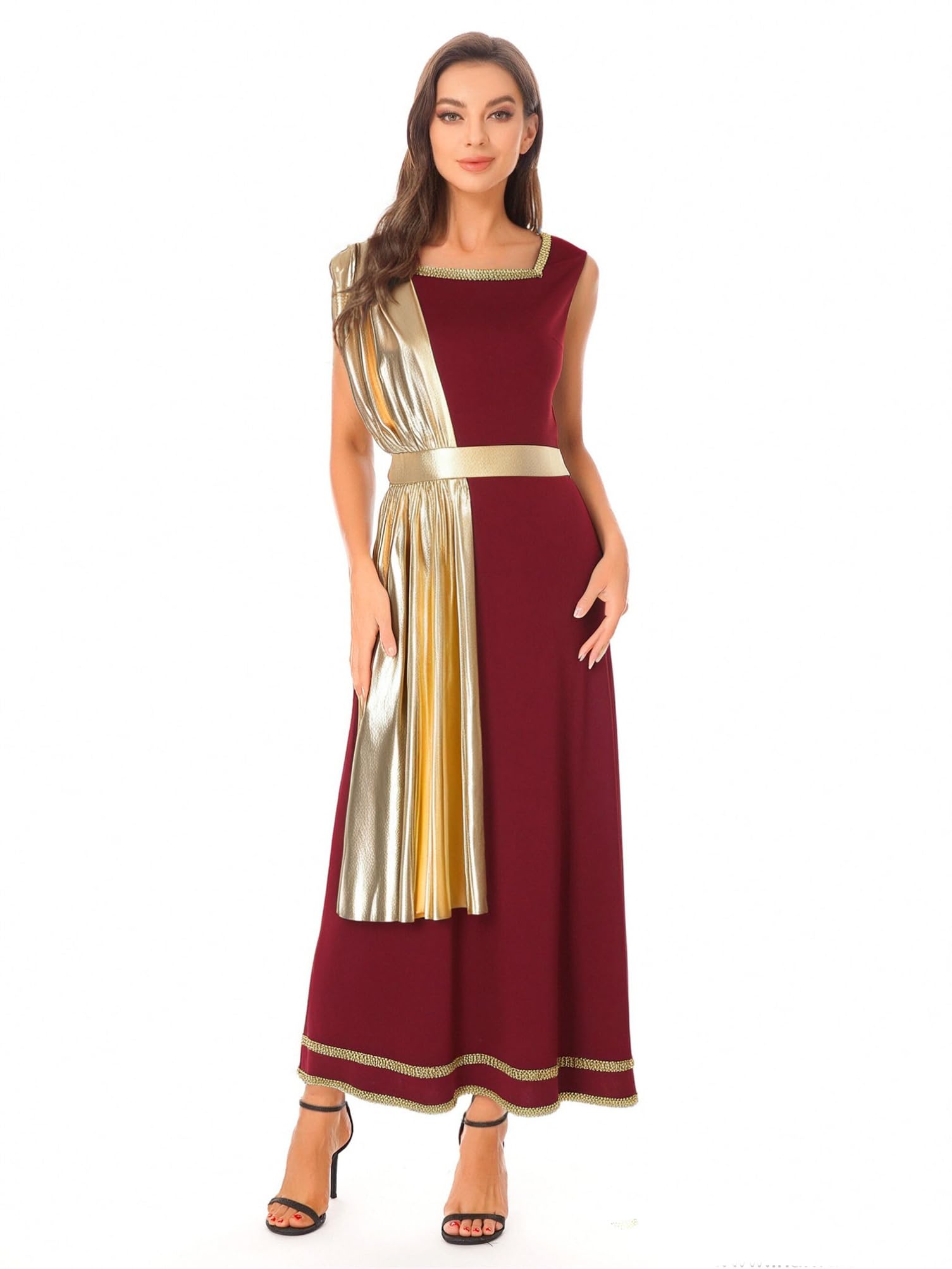 Aislor Women's Roman Costume Golden Tunic Dress Roman Empress Halloween Cosplay Dress