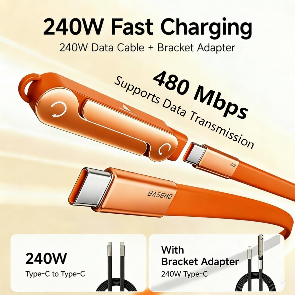 SIDEWAY Phone Charger 240W Silicone Cable with Detachable Stand - Universal Type-C, 90° Angle, 480Mbps Data Transfer Speed(orange) — view 6