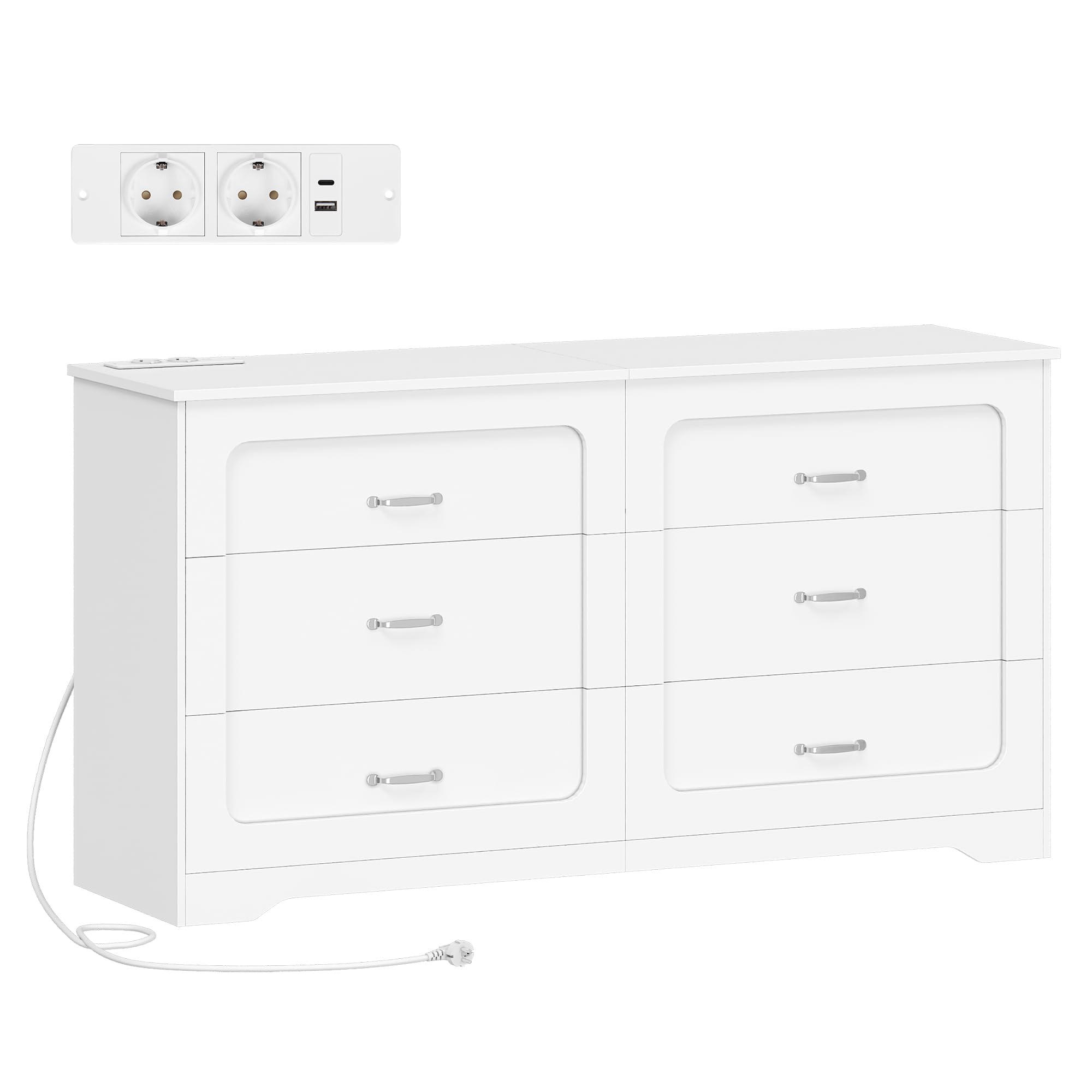 Hzuaner Cómoda con Regleta de Enchufes, Cómoda de Doble Columna, 6 Cajones para Dormitorio, Mueble Almacén Moderno para Pasillo, Salón, Vestidor y Oficina 40 x 140 x 75 cm Blanco DC35003XEU