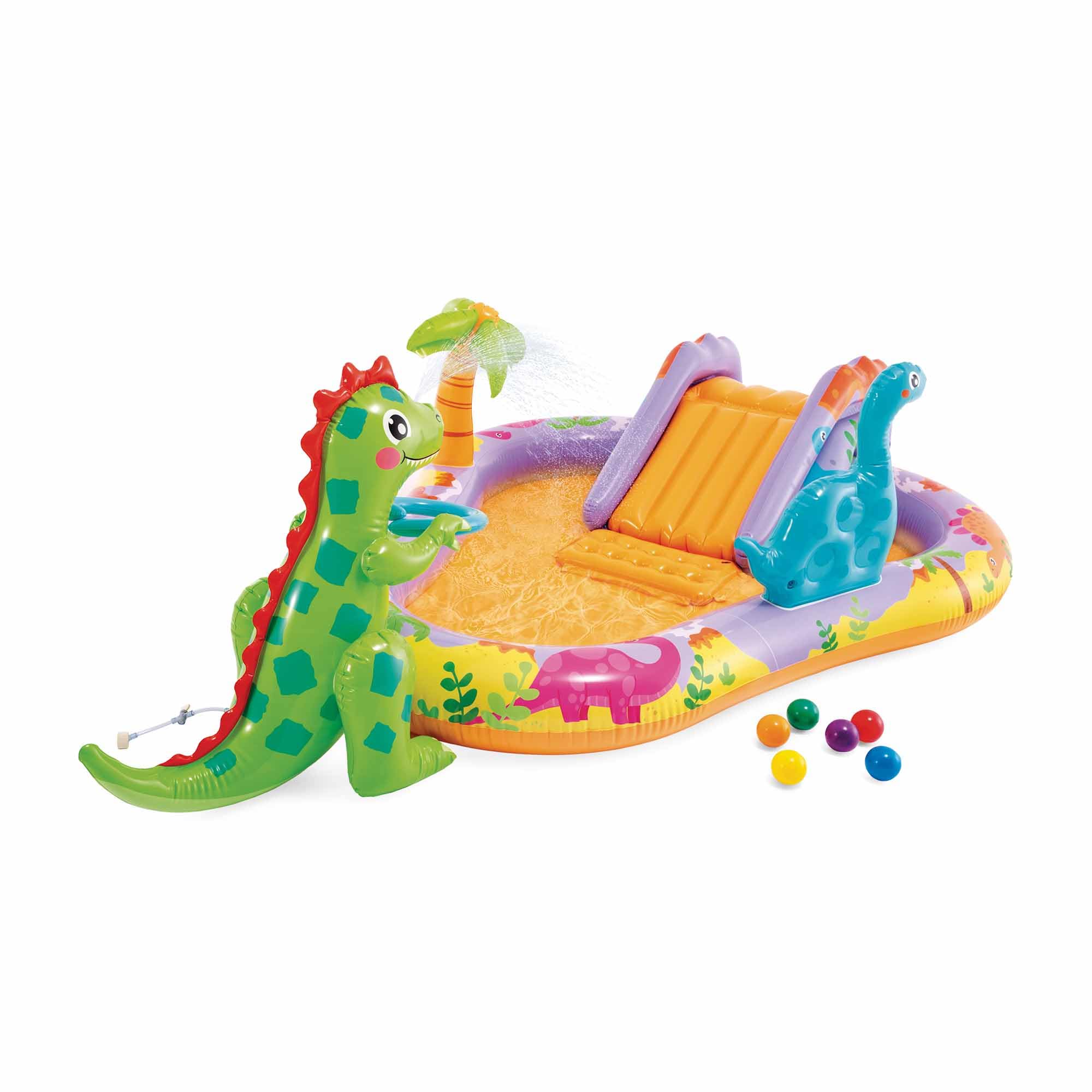 Intex Dino Park Wasserspielzentrum 201 x 157 x 69 cm aufblasbarer Dinosaurier Rutsche mit gepolstertem Boden Wassersprüher Kugelset max. 54 kg ab 2 Jahren