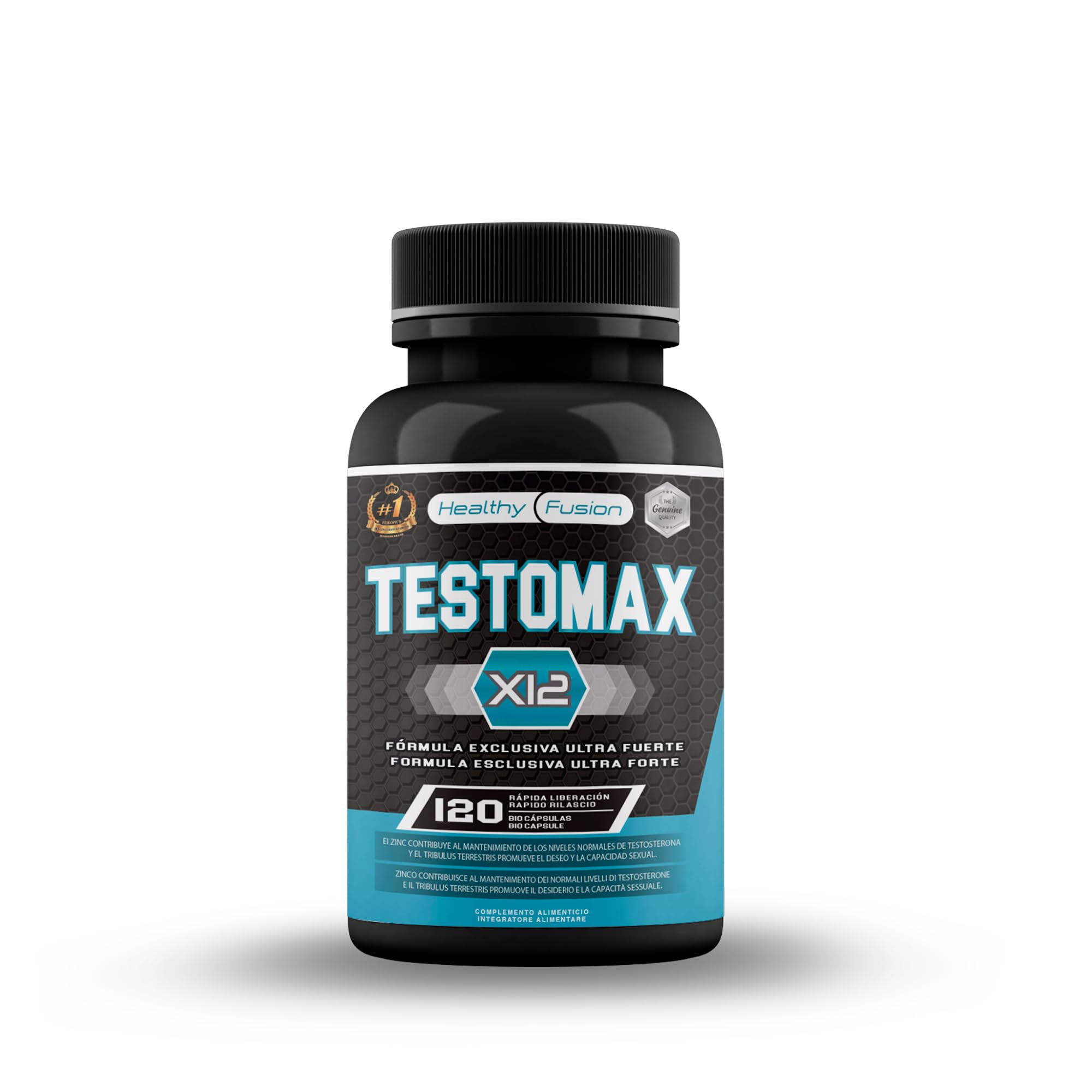 Healthy Fusion TestoMax | Booster de Testosterona Energizante | Maca, Ginseng, Tribulus, Taurina y Vitaminas | Aumenta la masa muscular | Acción quemagrasas y vigorizante | 120u